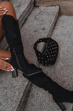 Kozaki Damskie Na Słupku Z Eko Zamszu Czarne Prisca