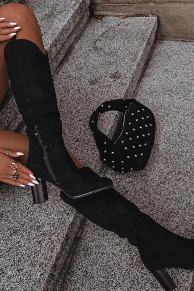 Kozaki Damskie Na Słupku Z Eko Zamszu Czarne Prisca