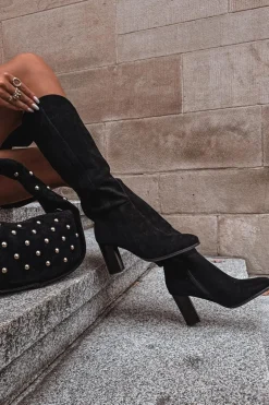 Kozaki Damskie Na Słupku Z Eko Zamszu Czarne Prisca