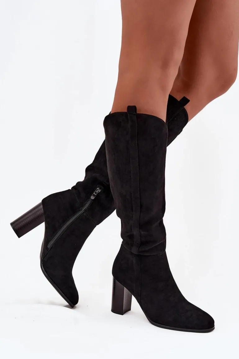 Kozaki Damskie Na Słupku Z Eko Zamszu Czarne Prisca