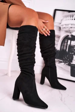 Kozaki Damskie Na Słupku Zamszowe Czarne Cromes