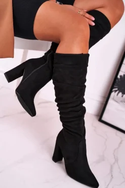 Kozaki Damskie Na Słupku Zamszowe Czarne Cromes