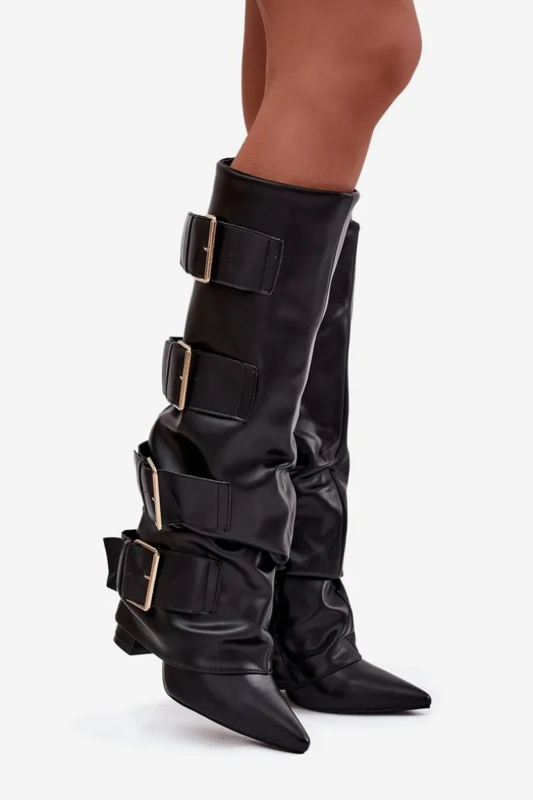 Kozaki Damskie Na Słupku Z Wywiniętą Cholewką I Złotymi Klamrami Czarne Isavelle