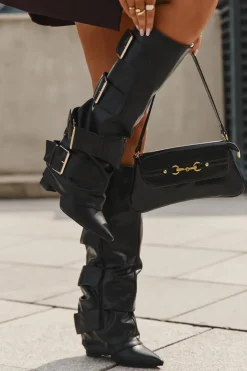 Kozaki Damskie Na Słupku Z Wywiniętą Cholewką I Złotymi Klamrami Czarne Isavelle