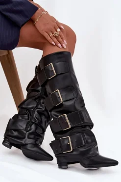 Kozaki Damskie Na Słupku Z Wywiniętą Cholewką I Złotymi Klamrami Czarne Isavelle