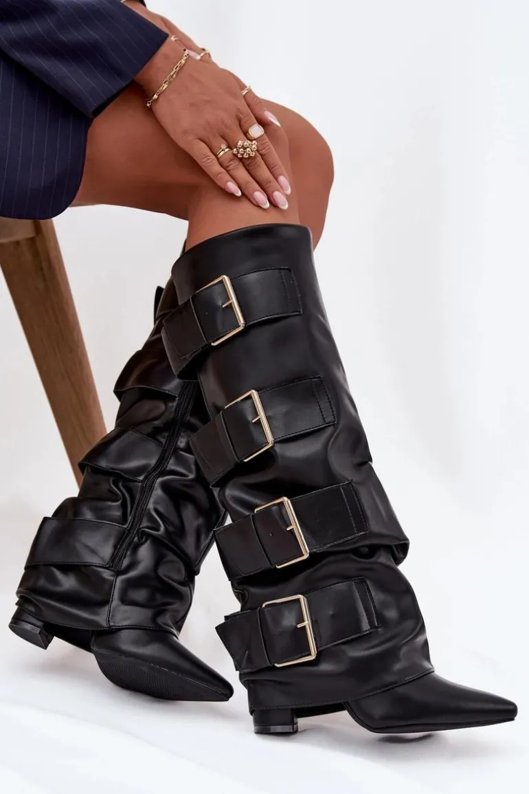 Kozaki Damskie Na Słupku Z Wywiniętą Cholewką I Złotymi Klamrami Czarne Isavelle