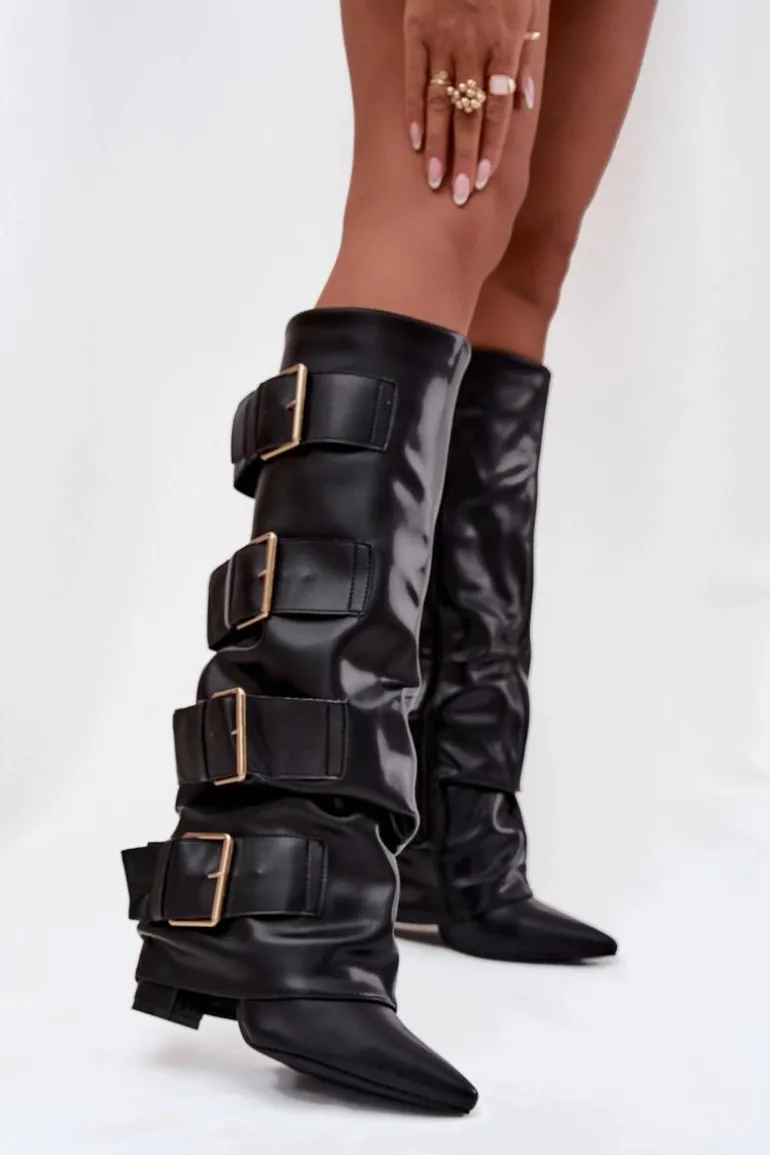 Kozaki Damskie Na Słupku Z Wywiniętą Cholewką I Złotymi Klamrami Czarne Isavelle