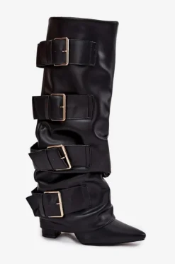 Kozaki Damskie Na Słupku Z Wywiniętą Cholewką I Złotymi Klamrami Czarne Isavelle