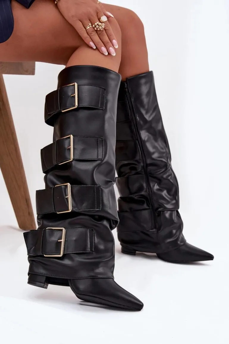 Kozaki Damskie Na Słupku Z Wywiniętą Cholewką I Złotymi Klamrami Czarne Isavelle