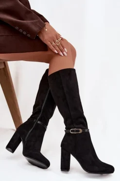 Kozaki Damskie Na Słupku Ze Złotą Klamrą Ocieplane Czarne Seraphine