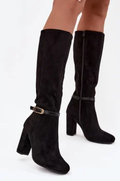 Kozaki Damskie Na Słupku Ze Złotą Klamrą Ocieplane Czarne Seraphine