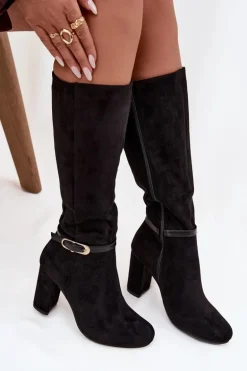 Kozaki Damskie Na Słupku Ze Złotą Klamrą Ocieplane Czarne Seraphine