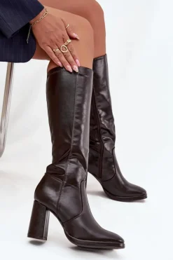 Kozaki Damskie Na Słupku Z Eko Skóry Ocieplane Bordowe Lyvella