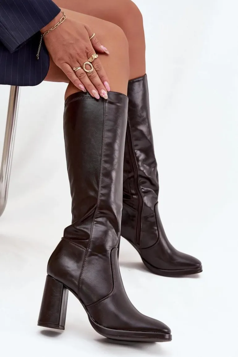 Kozaki Damskie Na Słupku Z Eko Skóry Ocieplane Bordowe Lyvella