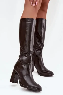 Kozaki Damskie Na Słupku Z Eko Skóry Ocieplane Bordowe Lyvella