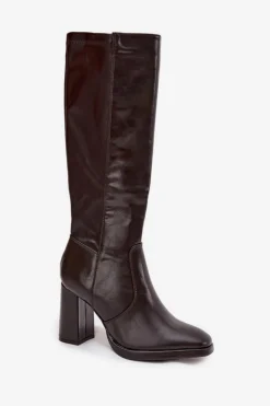 Kozaki Damskie Na Słupku Z Eko Skóry Ocieplane Bordowe Lyvella