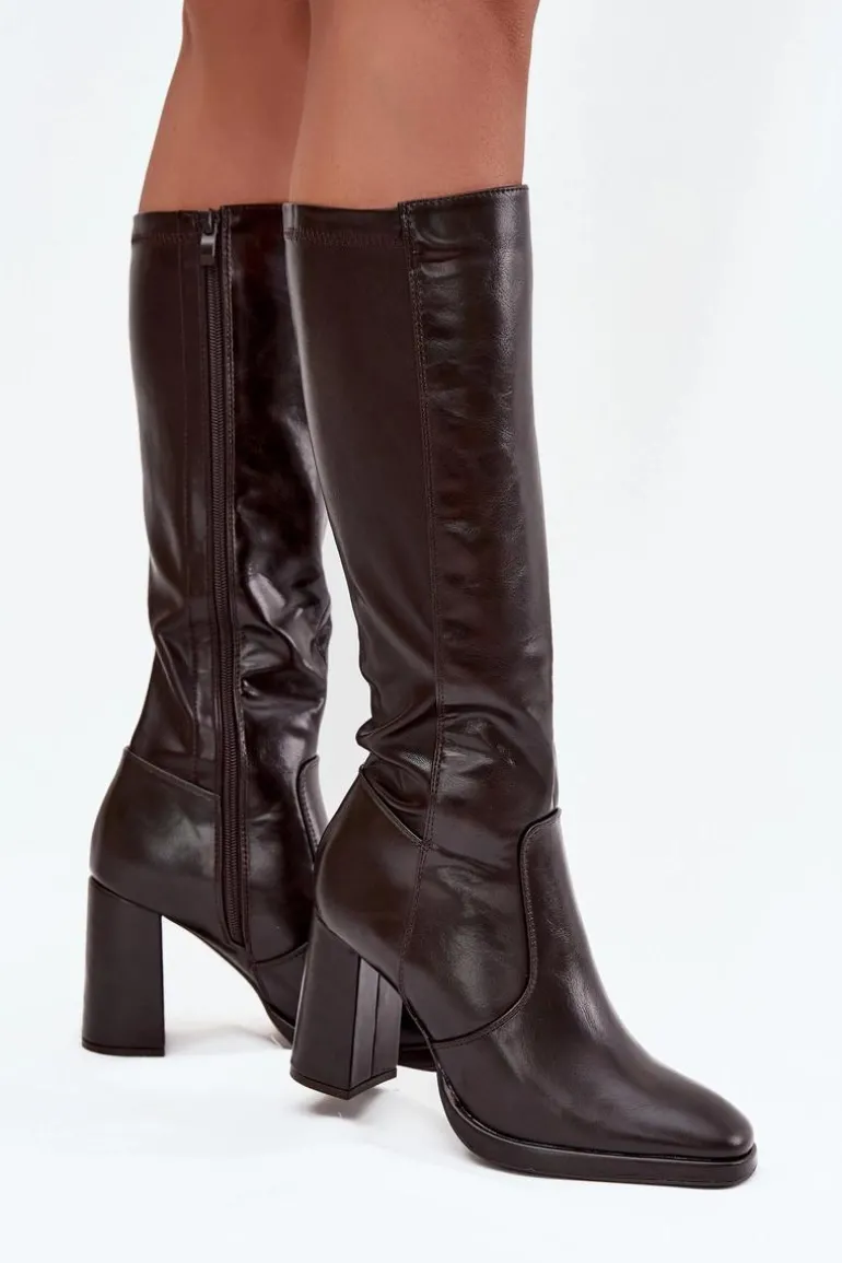 Kozaki Damskie Na Słupku Z Eko Skóry Ocieplane Bordowe Lyvella