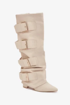 Kozaki Damskie Na Słupku Z Wywiniętą Cholewką I Złotymi Klamrami Jasnobeżowe Isavelle