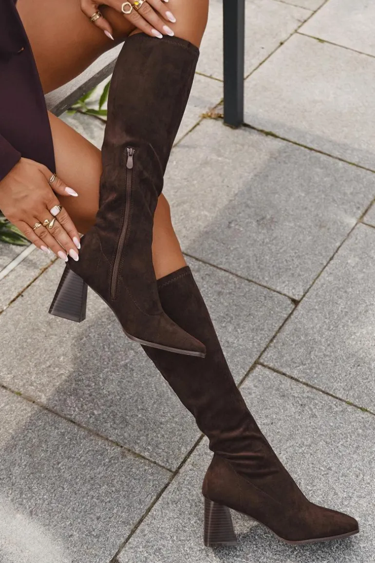 Kozaki Damskie Na Słupku Z Przeszyciami Czekoladowe Celandine