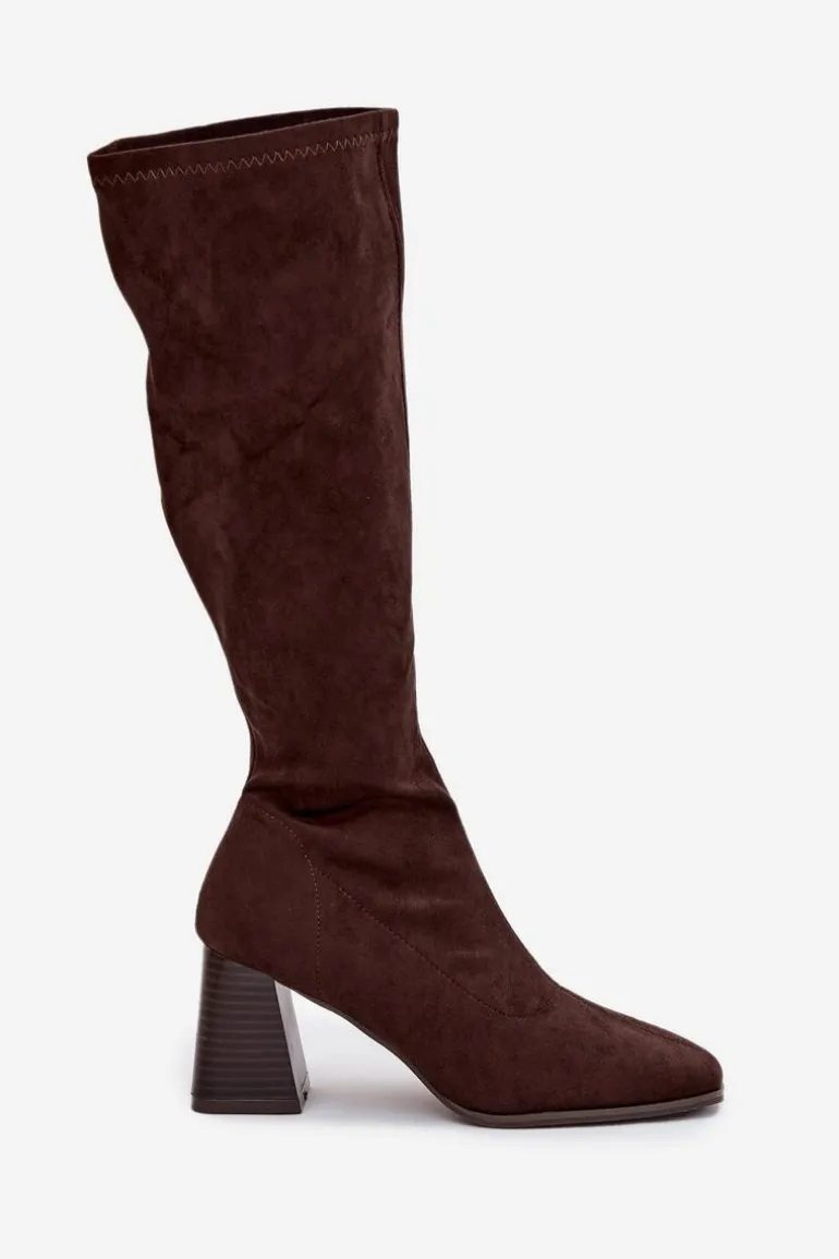 Kozaki Damskie Na Słupku Z Przeszyciami Czekoladowe Celandine