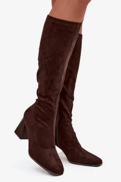 Kozaki Damskie Na Słupku Z Przeszyciami Czekoladowe Celandine