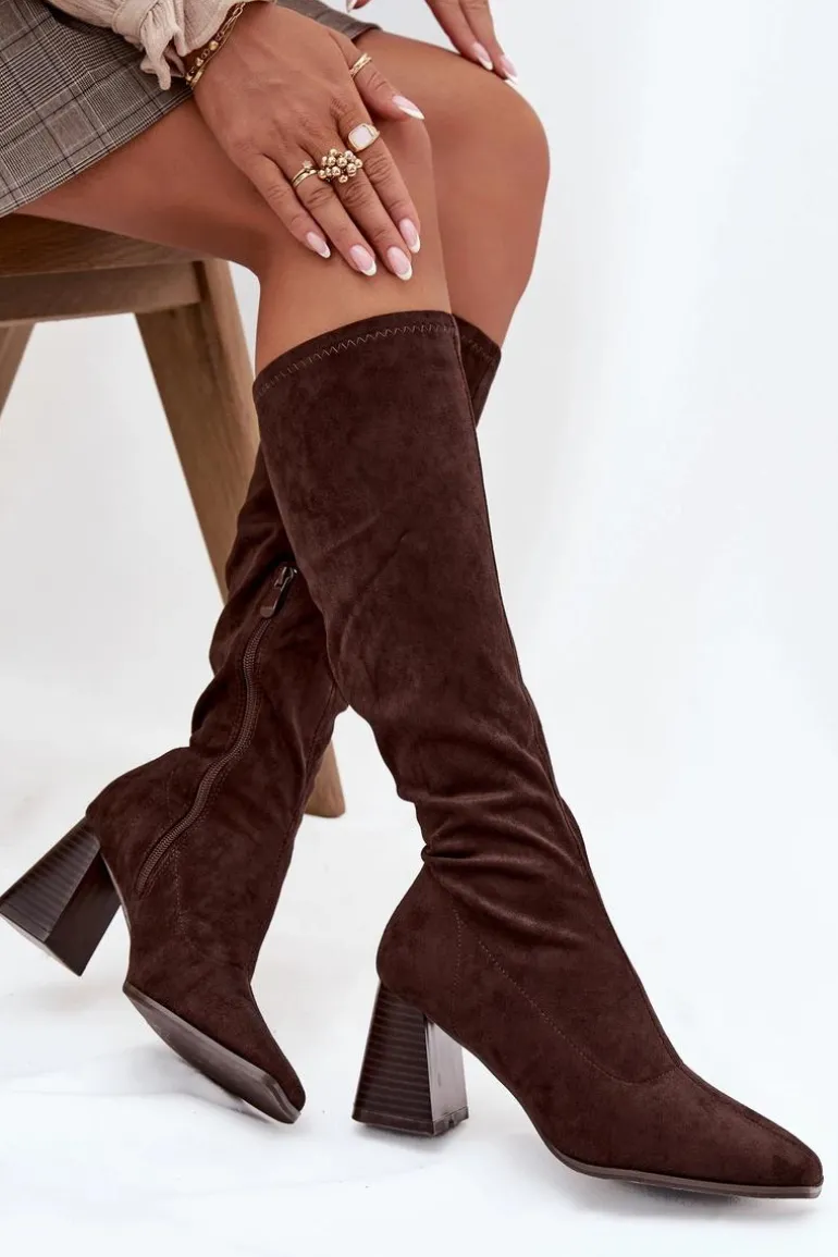 Kozaki Damskie Na Słupku Z Przeszyciami Czekoladowe Celandine