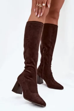 Kozaki Damskie Na Słupku Z Przeszyciami Czekoladowe Celandine