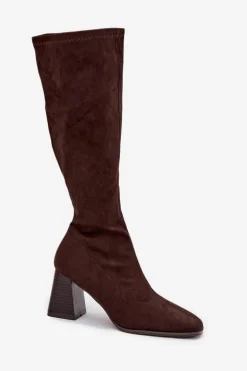 Kozaki Damskie Na Słupku Z Przeszyciami Czekoladowe Celandine