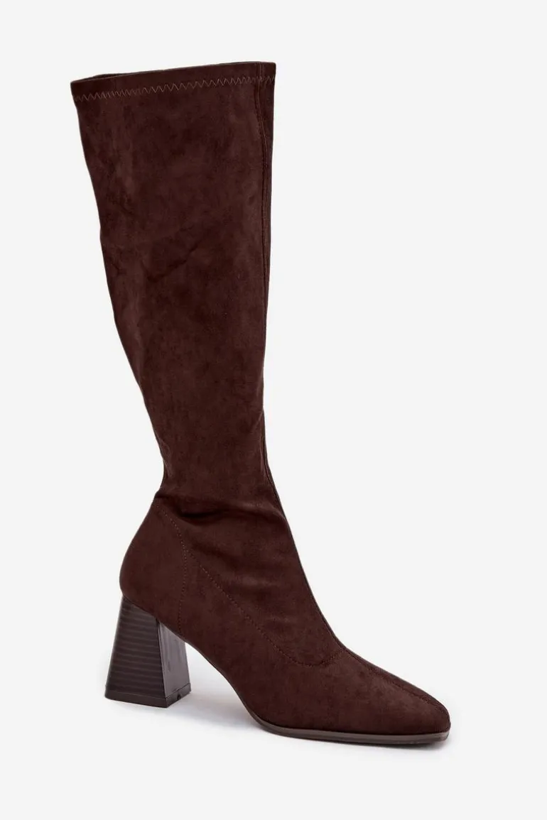 Kozaki Damskie Na Słupku Z Przeszyciami Czekoladowe Celandine