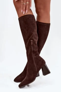 Kozaki Damskie Na Słupku Z Przeszyciami Czekoladowe Celandine