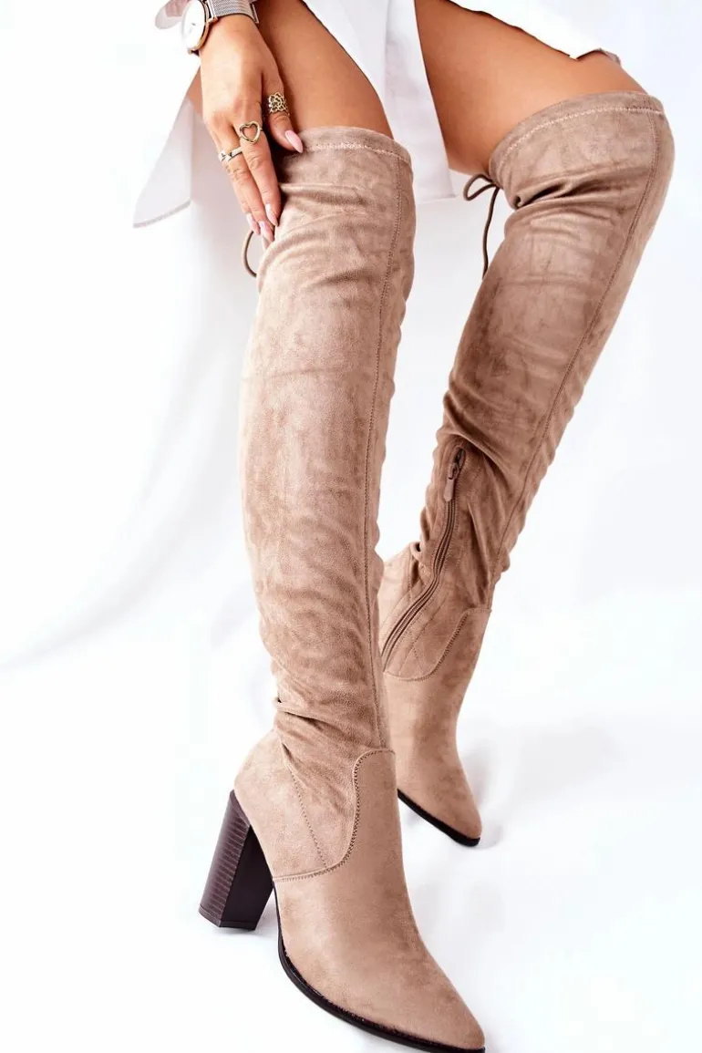 Kozaki Damskie Na Słupku Zamszowe Beżowe Monleek