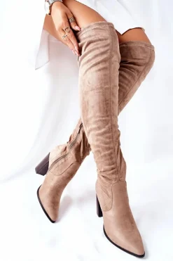 Kozaki Damskie Na Słupku Zamszowe Beżowe Monleek