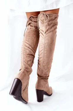 Kozaki Damskie Na Słupku Zamszowe Beżowe Monleek