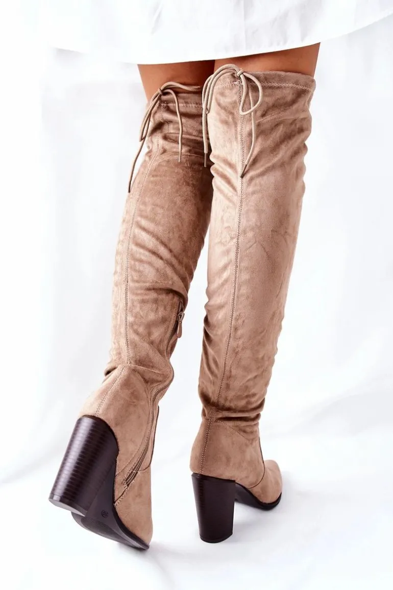 Kozaki Damskie Na Słupku Zamszowe Beżowe Monleek