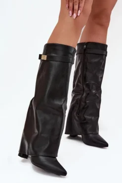 Kozaki Damskie Na Słupku Z Wywiniętą Cholewką I Złotym Detalem Czarne Diorna