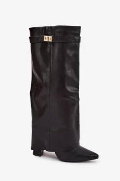 Kozaki Damskie Na Słupku Z Wywiniętą Cholewką I Złotym Detalem Czarne Diorna