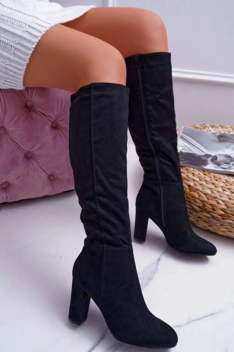 Kozaki Damskie Na Słupku Zamszowe Czarne Classy