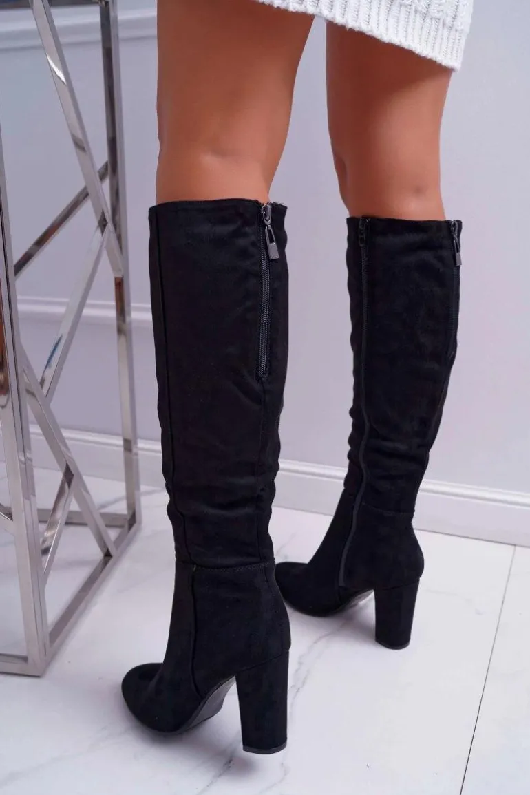 Kozaki Damskie Na Słupku Zamszowe Czarne Classy