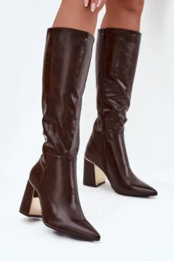 Kozaki Damskie Na Słupku Ze Złotym Elementem Czekoladowe Alessine