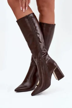 Kozaki Damskie Na Słupku Ze Złotym Elementem Czekoladowe Alessine