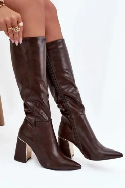 Kozaki Damskie Na Słupku Ze Złotym Elementem Czekoladowe Alessine