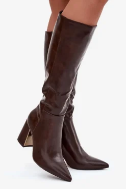 Kozaki Damskie Na Słupku Ze Złotym Elementem Czekoladowe Alessine