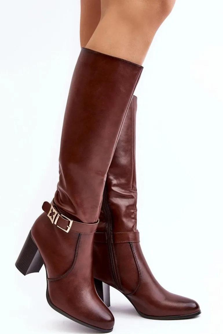 Kozaki Damskie Na Słupku Z Klamrą Ocieplane Brązowe Sendilia