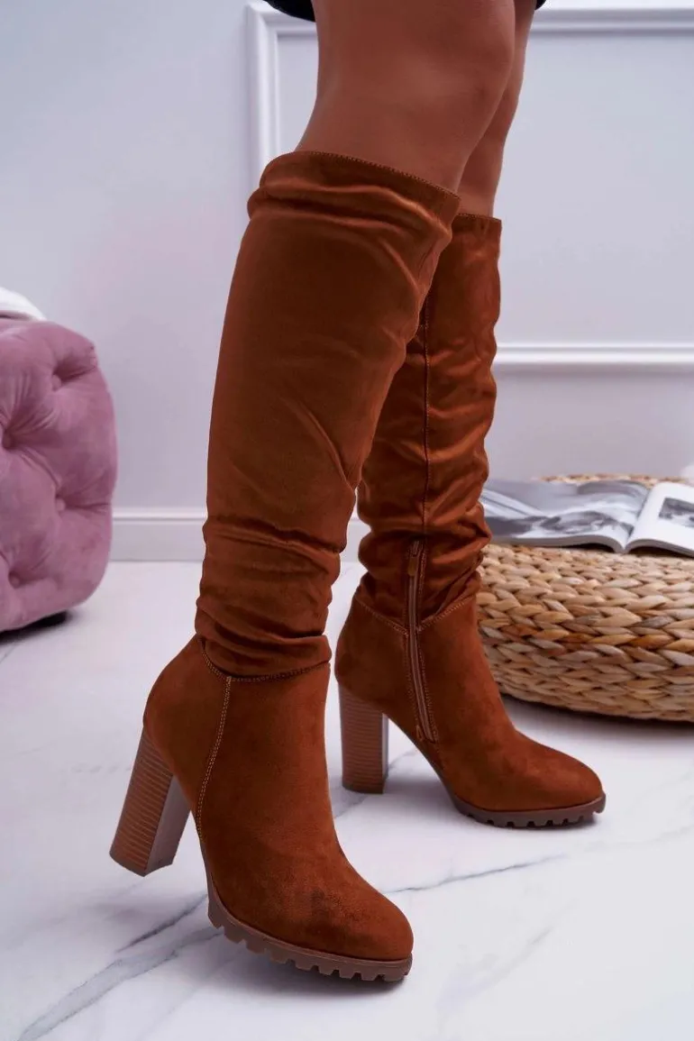 Kozaki Damskie Na Słupku Zamszowe Camel Marion