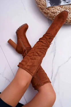 Kozaki Damskie Na Słupku Zamszowe Camel Marion