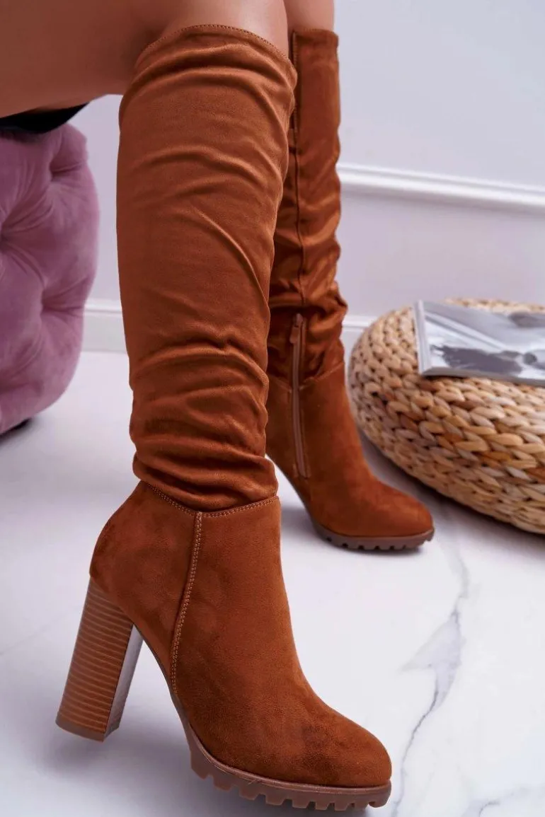 Kozaki Damskie Na Słupku Zamszowe Camel Marion