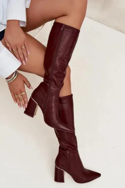 Kozaki Damskie Na Słupku Ze Złotym Elementem Bordowe Alessine