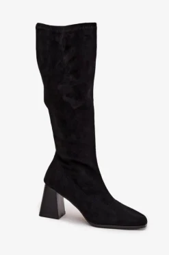 Kozaki Damskie Na Słupku Z Przeszyciami Czarne Celandine