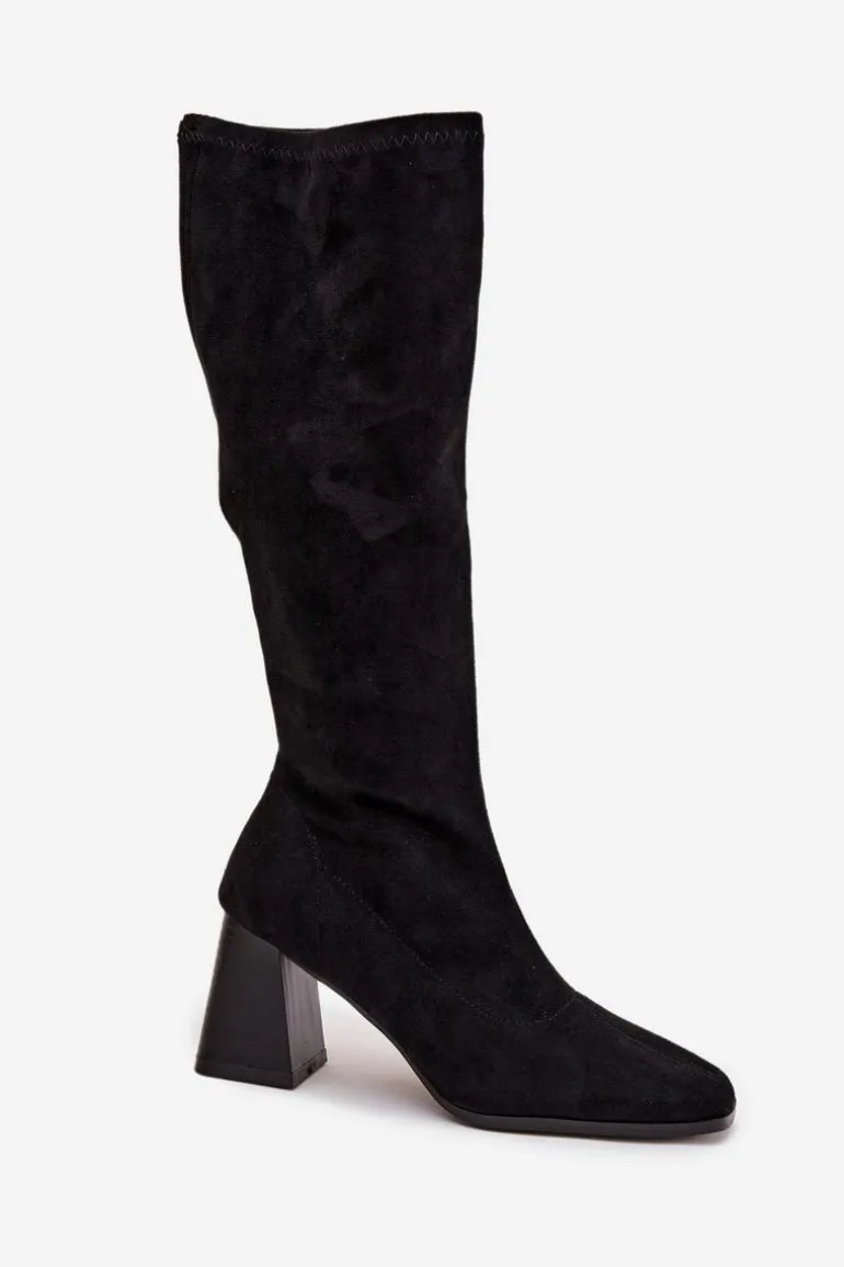 Kozaki Damskie Na Słupku Z Przeszyciami Czarne Celandine