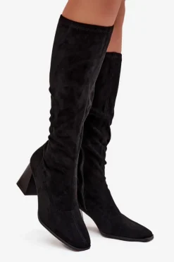 Kozaki Damskie Na Słupku Z Przeszyciami Czarne Celandine